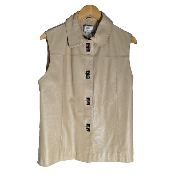 LISA INTERNATIONAL Lamb Skin Leather Sweater Vest Women's L Beige Button Up Y2K - Picture 1 of 9